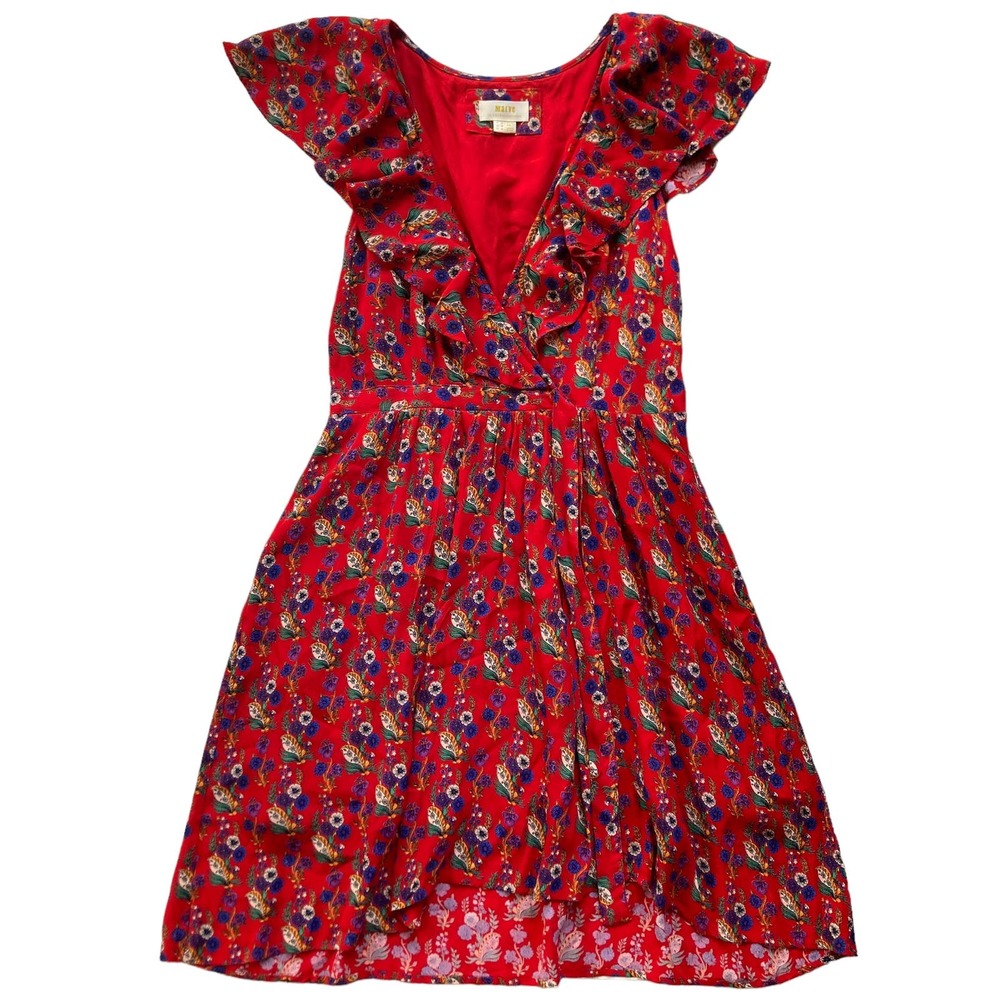 Maeve Floral Print Faux Wrap Ruffle Dress Size 10 Red